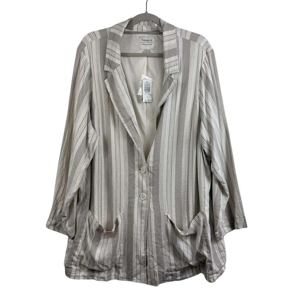 Torrid NWT Linen Blend Blazer Taupe Striped Size 4X Unstructured 2 Button Pocket
